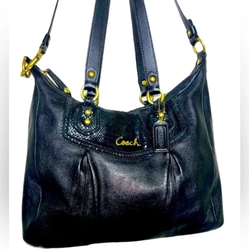 COACH Ashley Black Leather Python Trim Purse Shoulder Hobo Handbag F20104